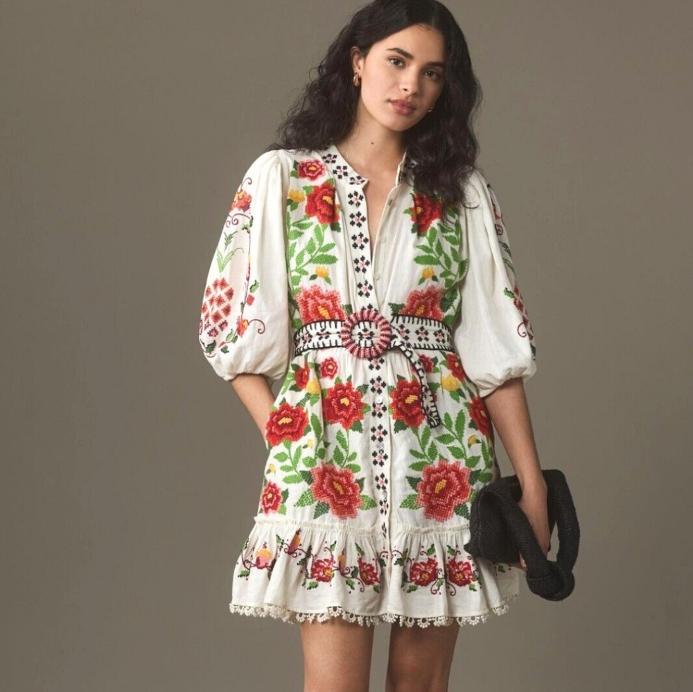 S/M Farm Rio Floral Embroidered Minidress